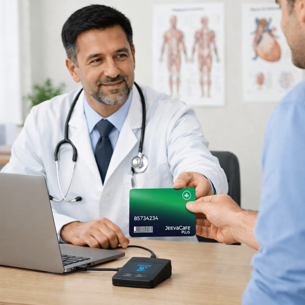 Doctor using JeevaCard during consultation