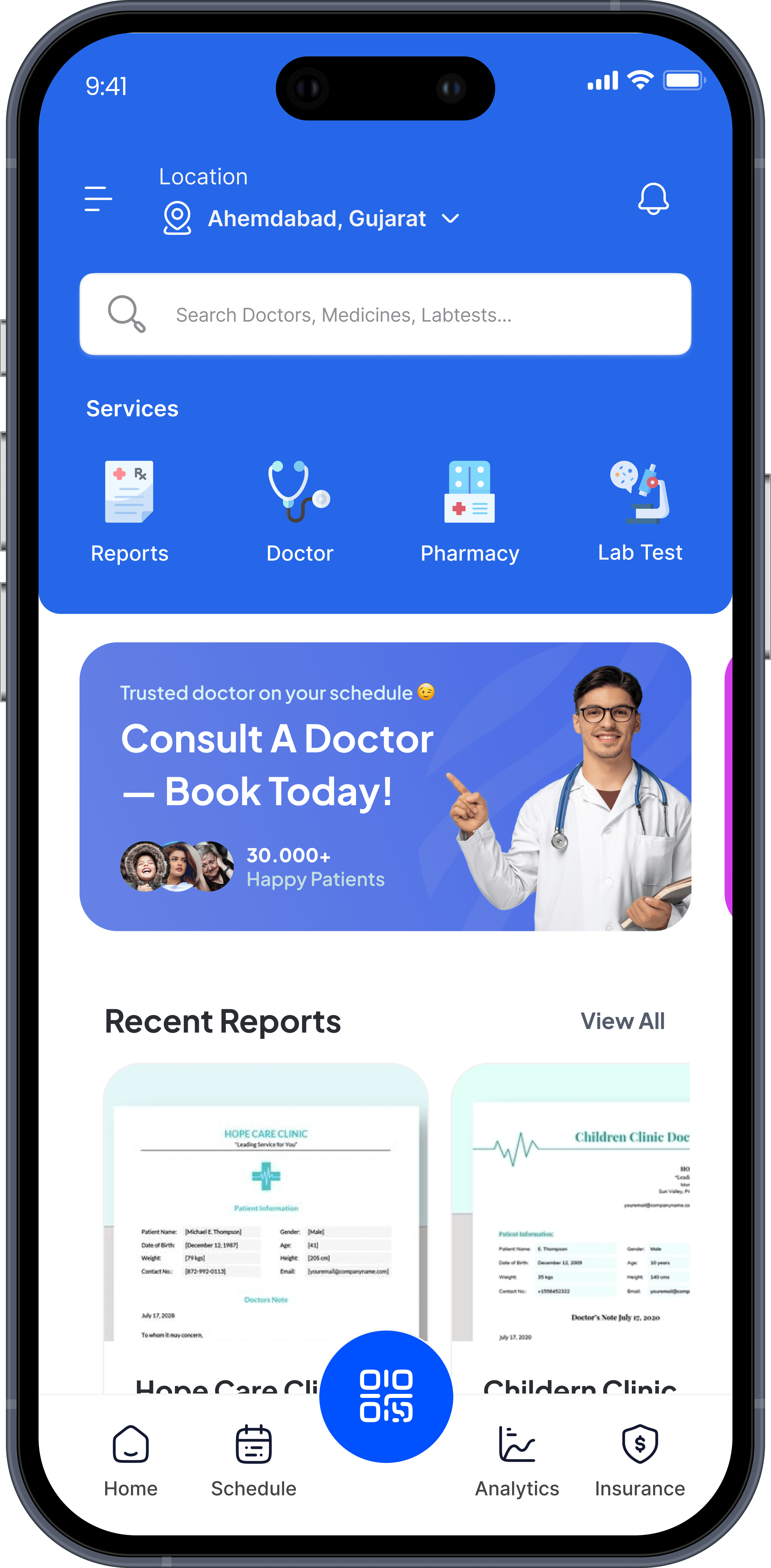 JeevaCare mobile app — search, services, reports, and navigation on your phone